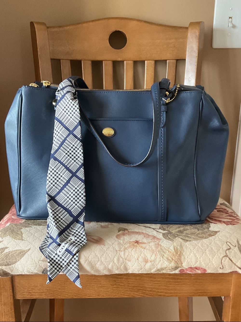 Vintage Coach Peyton Navy Leather Jordan Double Zip Satchel with Twilly Scarf